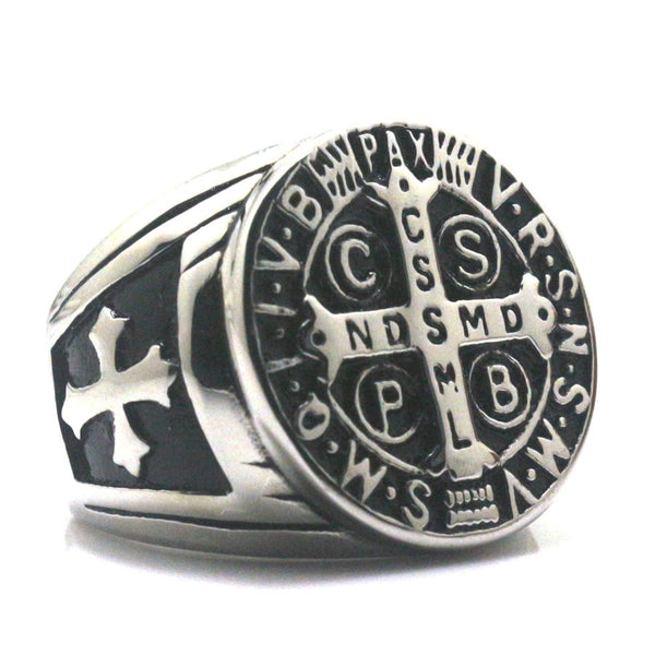 Bespoke Men's Saint Benedict of Nursia  Jesus SilverCross  Stainless Steel Ring