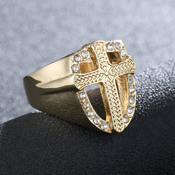BESPOKE Crystal Gold Tone Knights Cross Finger Ring For Women  & Men