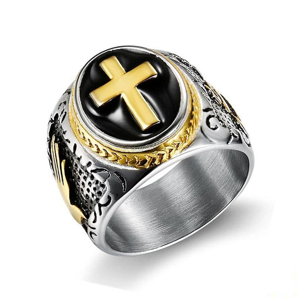 Hip hop Vintage Silver Gold Black Two-Tone Holy Cross Signet Size 7-15 ( comes in God or Rose Gold)