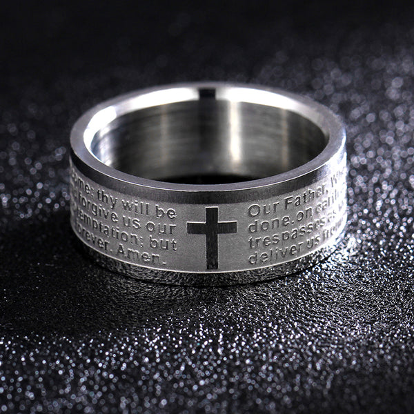 BESPOKE English Titanium Steel Christian Cross Bible Ring for Men and Women